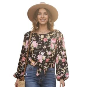 Bleuh Ciel Shirt Womens Large Black Floral Tie Front Balloon Sleeve Blouse Boho